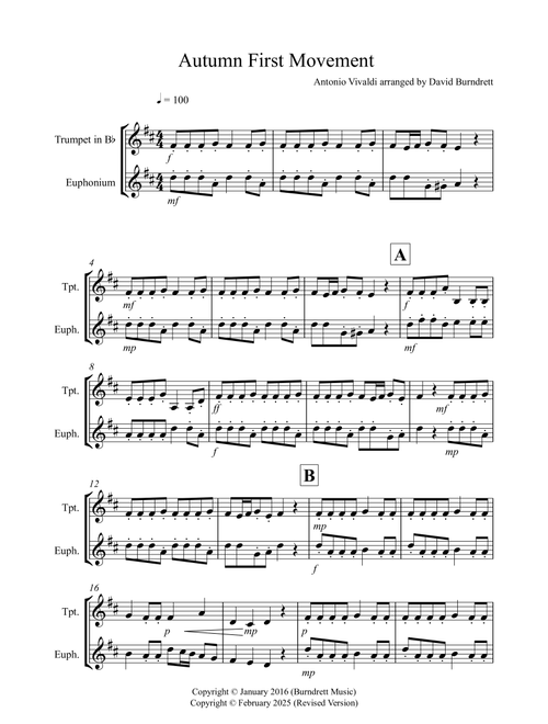 Autumn "Four Seasons" for Trumpet and Euphonium Duet (Arr. David Burndrett) - Antonio Vivaldi (Instrumental Duet)