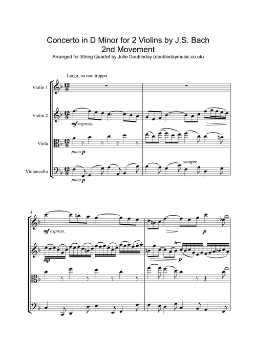 Bach Doubled Violin Concerto 2nd Movement Arranged for String Quartet (Arr. Julie Doubleday) - J.S. Bach (String Quartet)