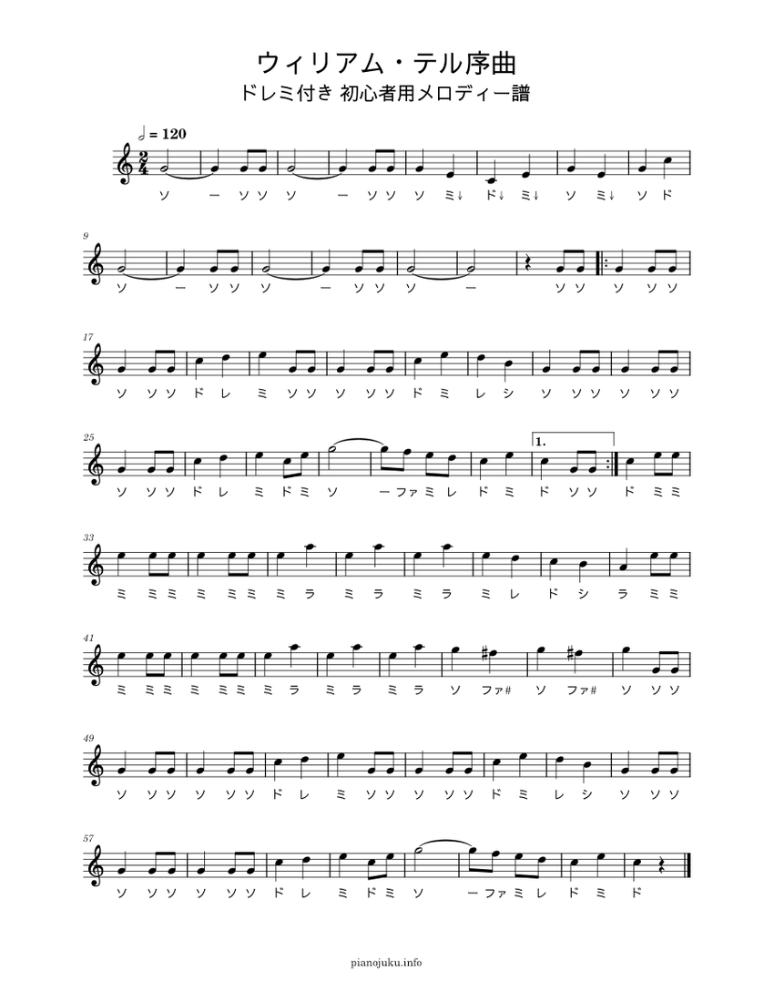 ウィリアム・テル序曲 ドレミ付きメロディー譜 Sheet Music for