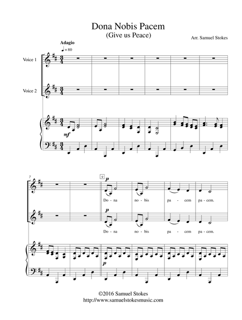 Dona Nobis Pacem (Give Us Peace) - for 2-part choir with piano accompaniment (Arr. Samuel Stokes) - Traditional (Choral, SA)