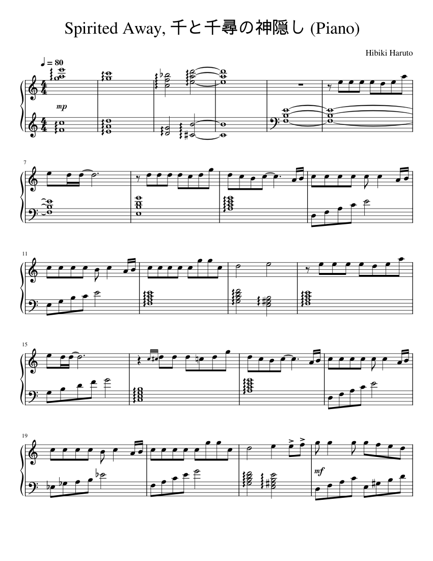 Hibiki Haruto - Spirited Away, 千と千尋の神隠し (Piano) Sheet
