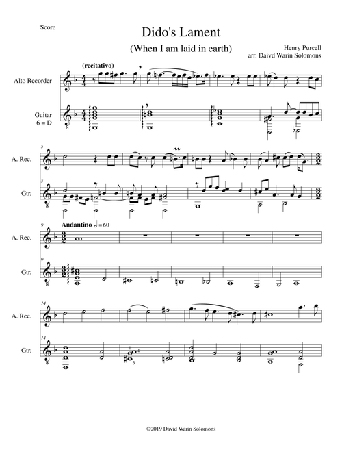 Dido's Lament - When I am laid in earth - arranged for alto recorder and guitar (Arr. David Warin Solomons) - Henry Purcell (Instrumental Duet)