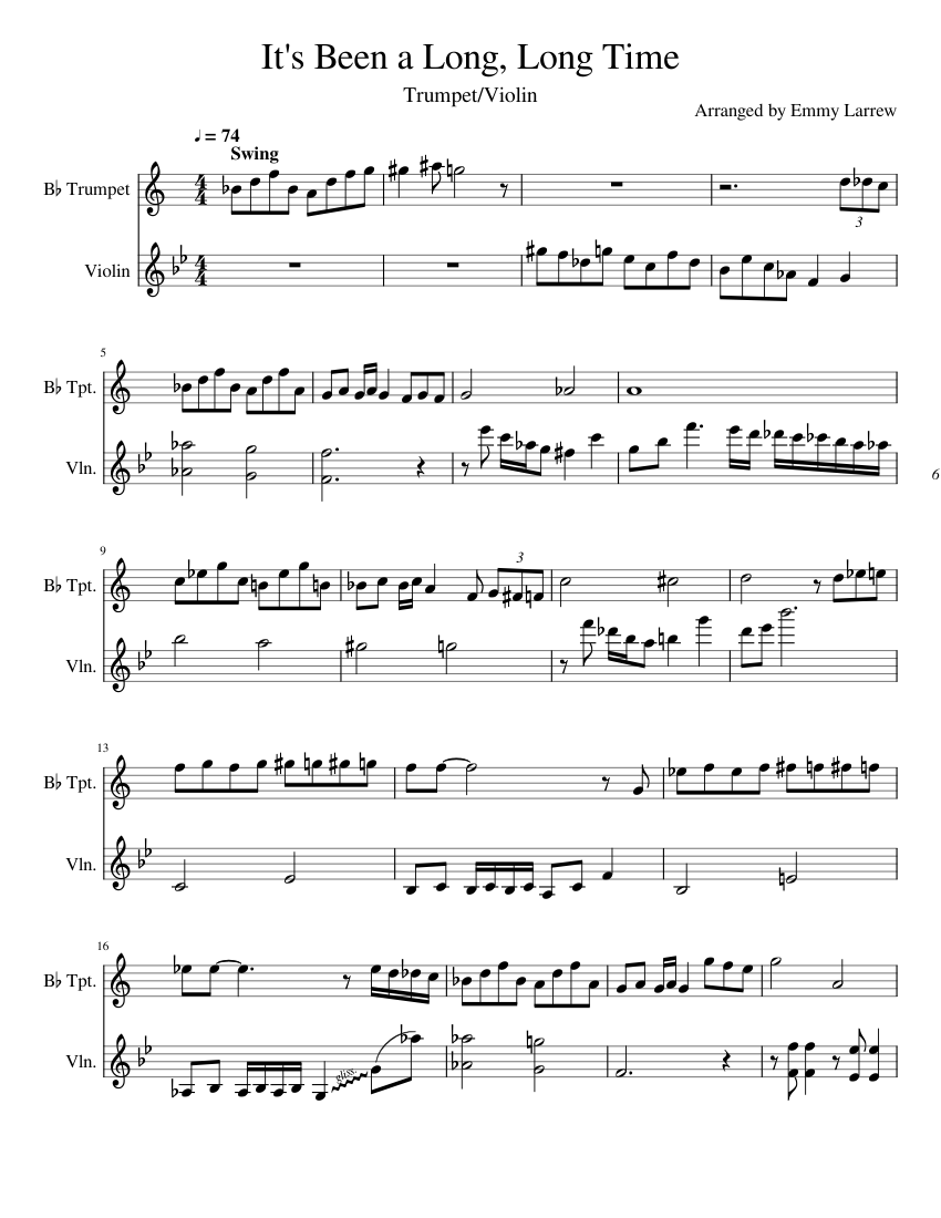 its been a long long time Sheet music for Trumpet in b-flat, Violin (Mixed Duet) | Musescore.com