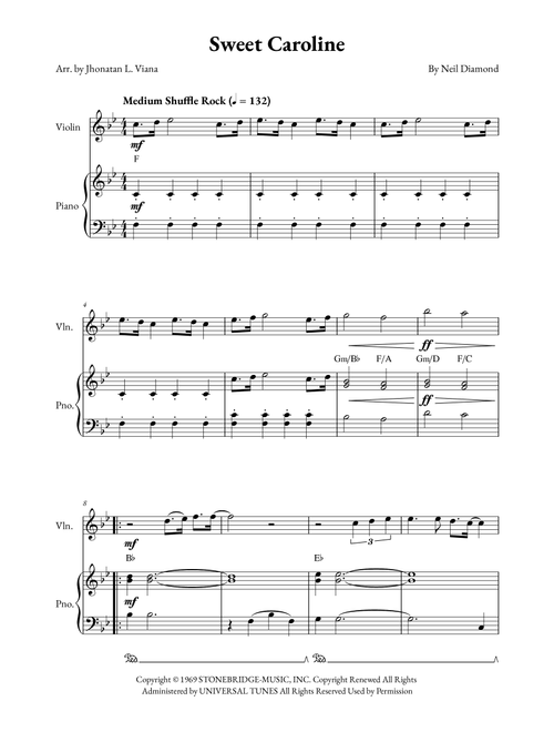 Sweet Caroline (Arr. Jhonatan Lucio Viana) - Neil Diamond (Violin and Piano)