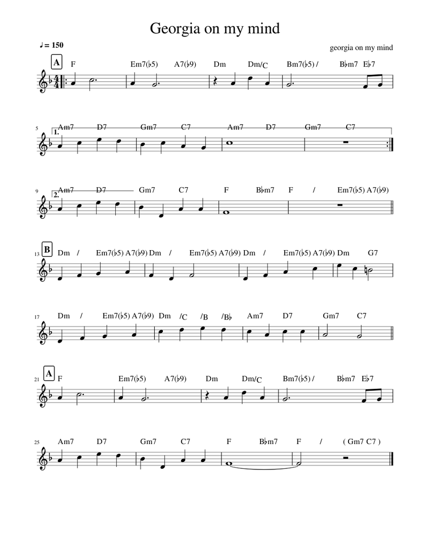 Georgia on my mind Sheet Music with Chords for Piano (Solo) easy