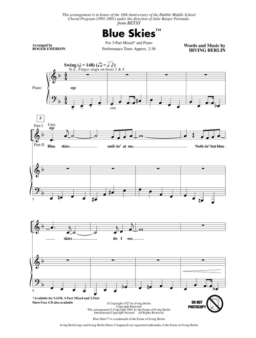 Blue Skies (arr. Roger Emerson) - Irving Berlin (Choral, 3-Part Mixed)