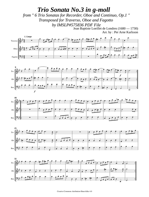 Loeillet, J.B. de London _ Trio Sonata Op.1 No.3 in g-moll  [Trv, Ob, Bsn]