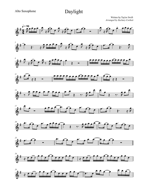 Daylight (Arr. Zac Corbett) - Taylor Swift (Alto Sax Solo)
