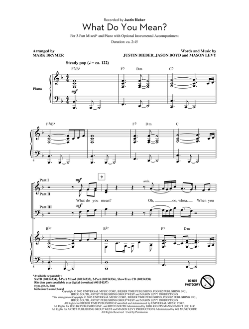 What Do You Mean? (Arr. Mark Brymer) - Justin Bieber (Choral, 3-Part Mixed)