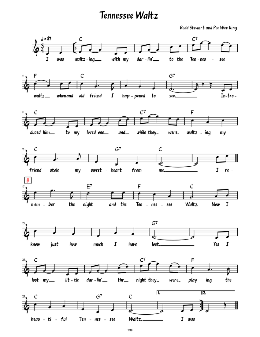 Tennessee Waltz (Lead sheet with lyrics ) Sheet music for Piano (Solo