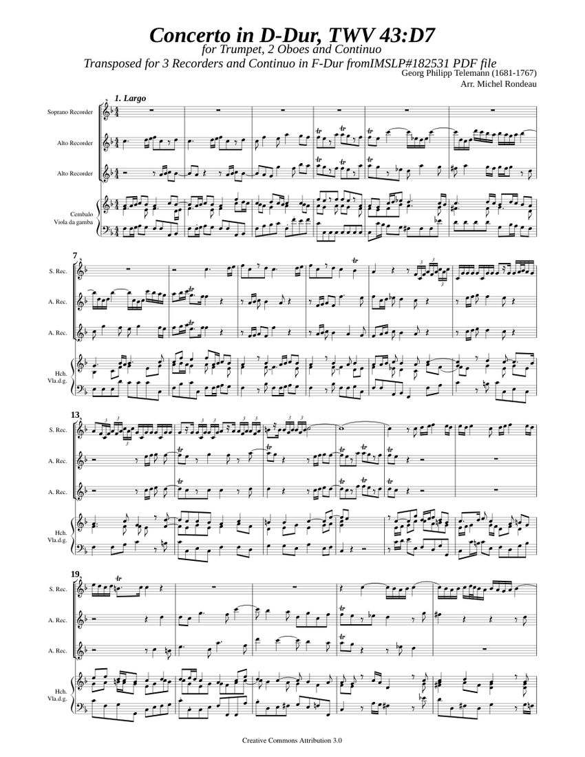Telemann, G. P. _ Concerto à 4 in D-Dur, TWV 43:D7 Sheet Music for