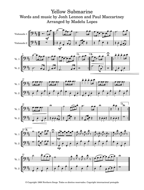 Yellow Submarine (Arr. Madelu Lopes) - The Beatles (Cello Duet)