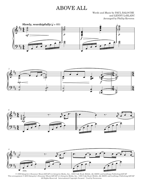 Above All - Paul Baloche (Piano Solo) sheet music arranged by Hal Leonard