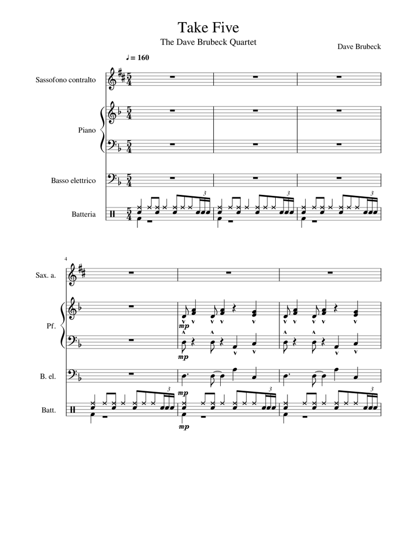 Take Five Sheet Music for Piano, Saxophone alto, Bass guitar, Drum ...