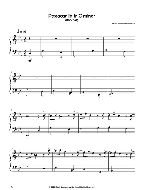 Passacaglia in C minor (EASY PIANO) (BWV 582) [Johann Sebastian Bach] (Arr. Darek) (Easy Piano)