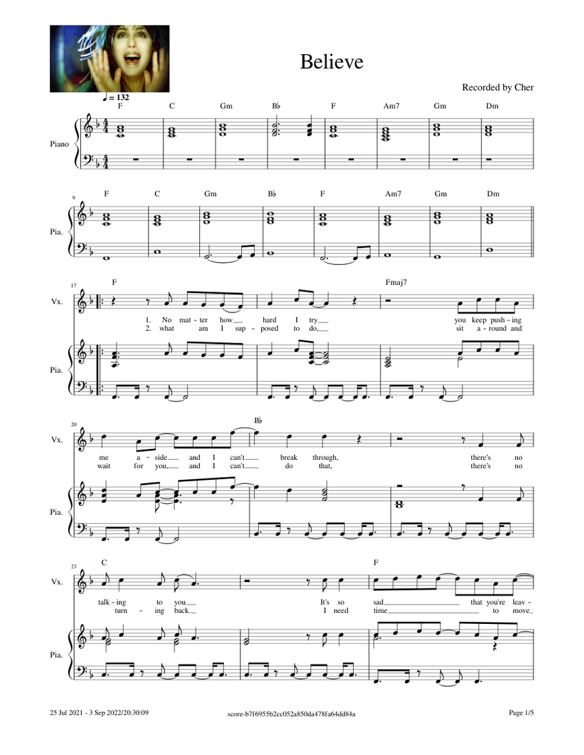 Believe – Cher Sheet music for Piano, Vocals (Piano-Voice) | Musescore.com