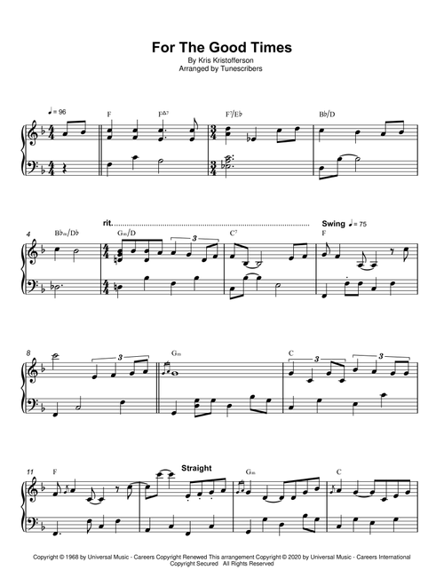 For The Good Times (Arr. Tunescribers) - Kris Kristofferson (Piano Solo)