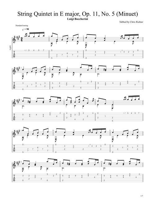 "Minuetto" from String Quintet in E major, Op. 11, No.  5 (Luigi Boccherini) (Arr. Chris Richter) (Guitar Tab)