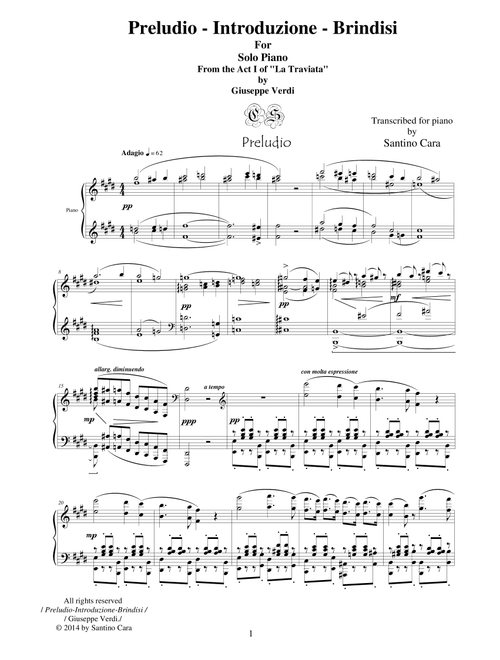 Verdi-La Traviata(Act1) Preludio-Introduzione-Brindisi - Solo piano (Arr. Santino Cara) - Verdi Giuseppe (Piano Solo)