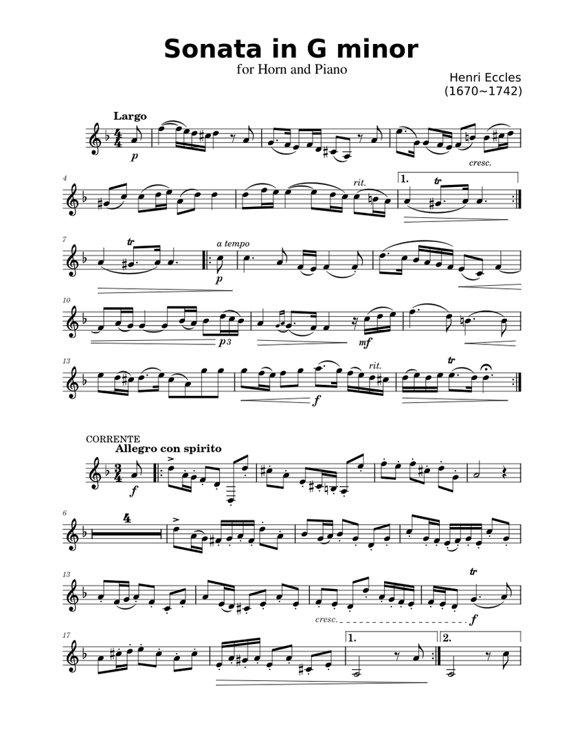 Sonata in G Minor Henry Eccles Sheet music for French horn (Solo