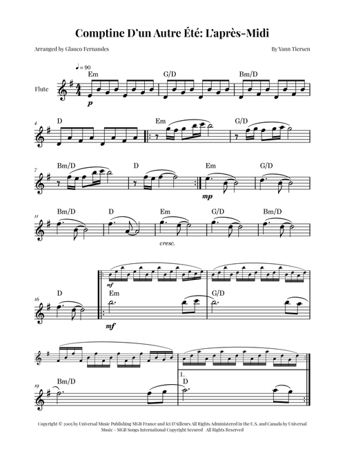 Comptine D'un Autre Été: L'après-Midi (Arr. Glauco Fernandes) - Yann Tiersen (Flute Solo)