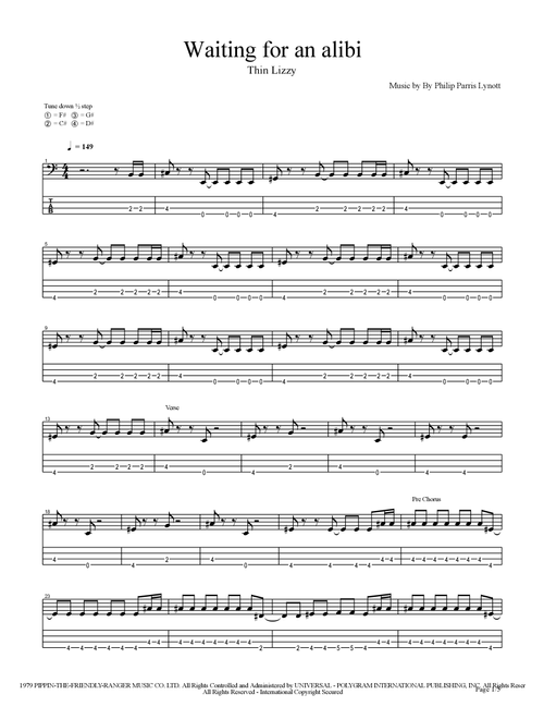 Waiting For An Alibi (Arr. Fotis Toumanides) - Thin Lizzy (Bass Tab)