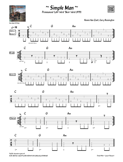 Lynyrd Skynyrd - Simple Man - Guitar Lead Sheet