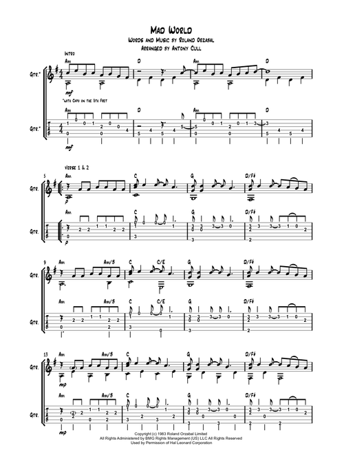 Mad World (Arr. Antony Cull) - Adam Lambert (Guitar Tab)