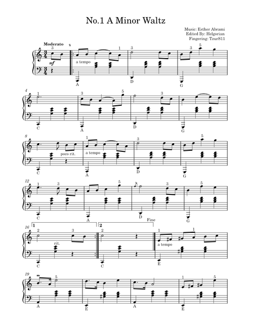 No.1 A Minor Waltz – Esther Abrami (arr: Helgorian + fingering)