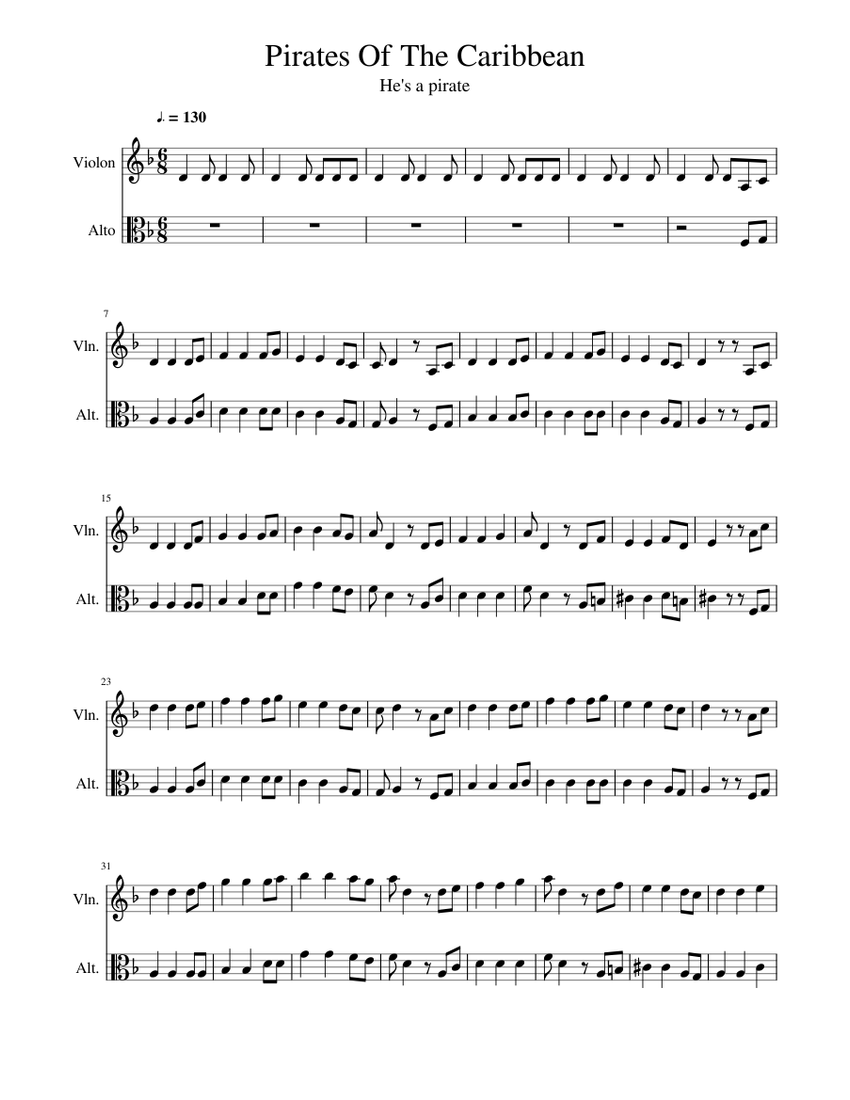 Pirates Of The Caribbean Sheet music for Violin, Viola (String Duet