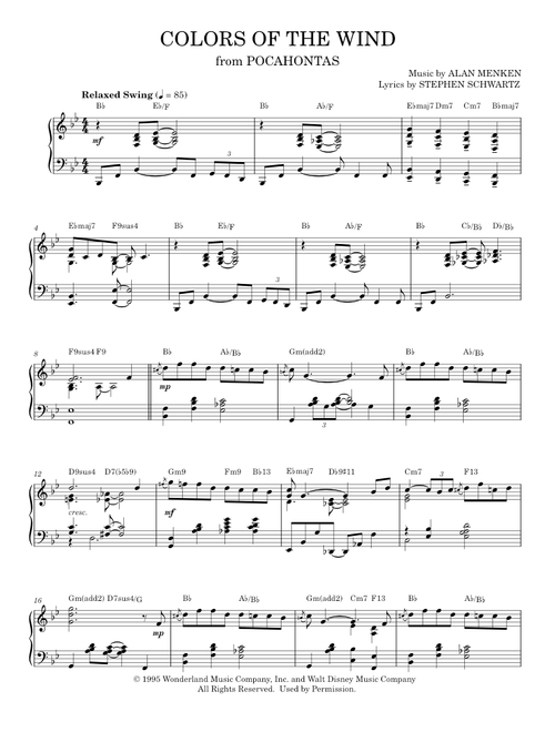Colors Of The Wind [Jazz version] (from Disney's Pocahontas) - Vanessa Williams (Piano Solo)