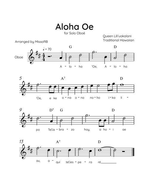 Aloha Oe - Solo Oboe in D Major Easy With Lyrics & Chords (Arr. MissoRB) - Queen Liliʻuokalani (Oboe Solo)