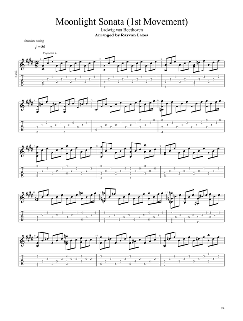 Beethoven - Moonlight Sonata (1st Movement) - Fingerstyle Guitar (Arr. Razvan Lazea) (Guitar Tab)