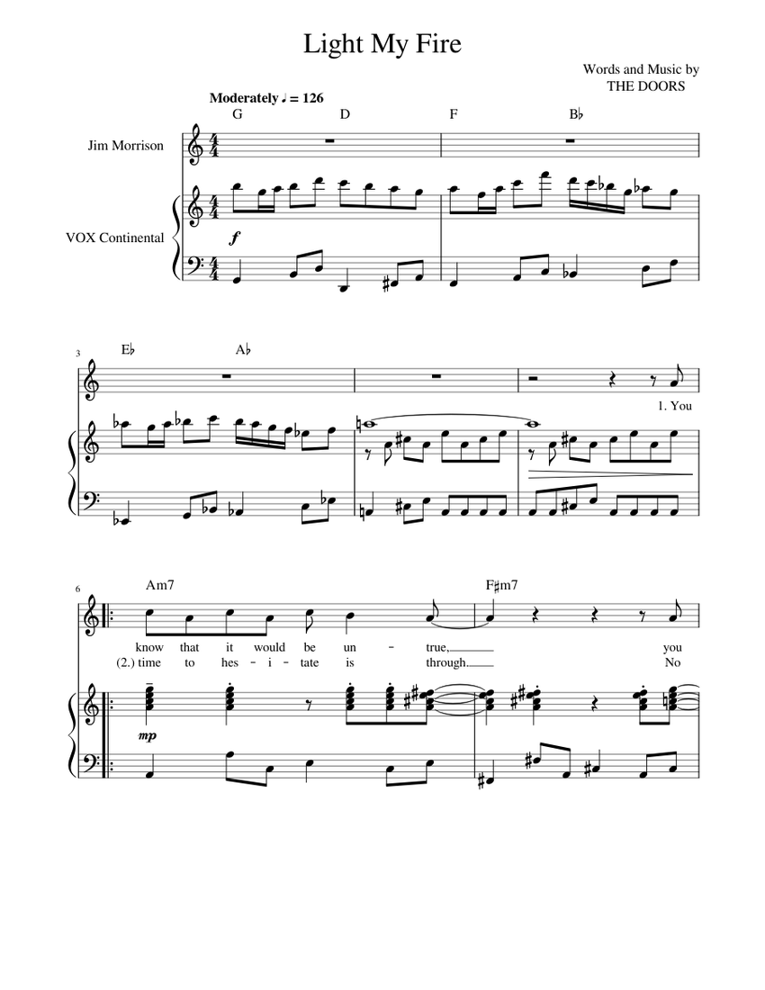 Light My Fire Sheet Music with Chords for Organ, Vocals (Solo