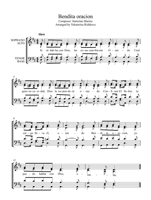 Bendita Oracion (Arr. Yekaterina Rizhkova) - Stanislao Marino (Choral, SATB)