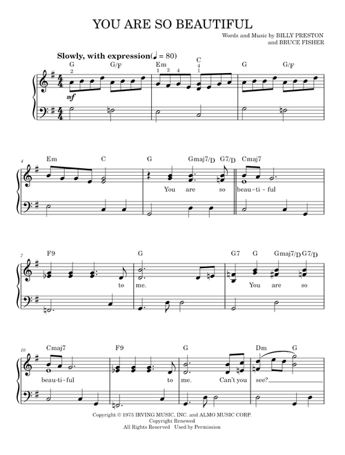 You Are So Beautiful - Billy Preston, Joe Cocker (Easy Piano)