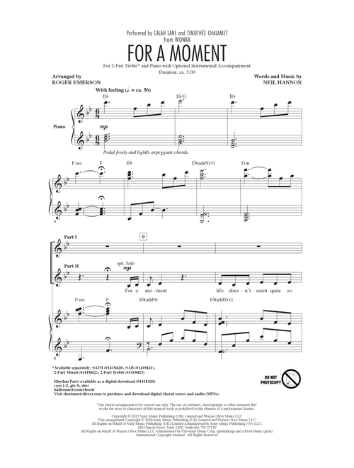For A Moment (from Wonka) (arr. Roger Emerson) - Calah Lane & Timothée Chalamet (Choral, 2-Part Treble)