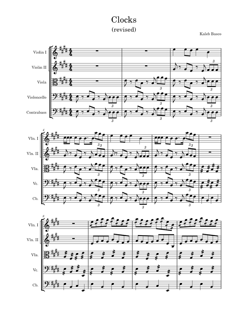 Clocks Sheet music for Contrabass, Violin, Viola, Cello (String Quintet