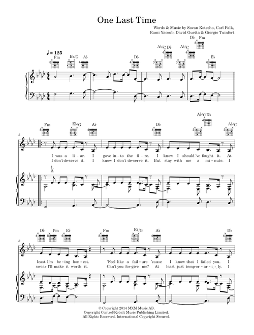 One Last Time - Ariana Grande (Piano-Vocal-Guitar (Piano Accompaniment))