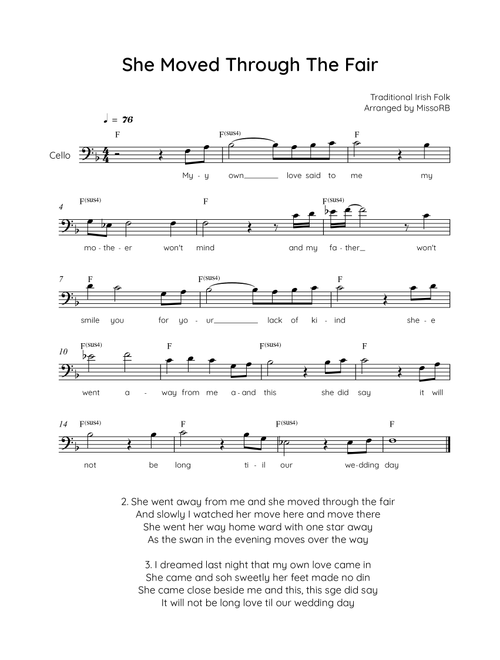 She Moved Through the Fair - Cello in F with Chords and Lyrics - Easy (Arr. MissoRB) - Traditional Irish Folk Song (Cello Solo)