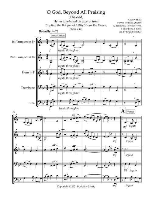 O God, Beyond All Praising (Thaxted) (Bb) (Brass Quintet - 2 Trp, 1 Hrn, 1 Trb, 1 Tuba) (Tuba lead) (Arr. Regis Bookshar) - Gustav Holst (Brass Ensemble)