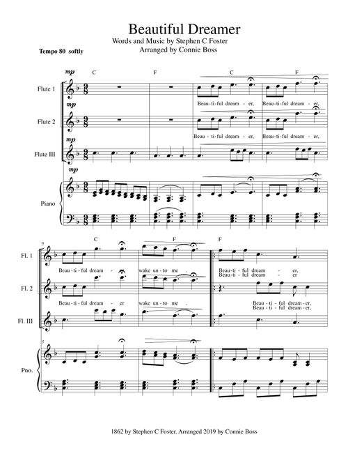 Beautiful Dreamer Key of F Flute Trio (Arr. Connie Boss) - Stephen C Foster (Small Ensemble)