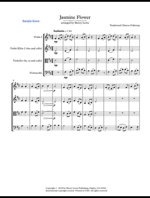 JASMINE FLOWER - Traditional Chinese Folk Song, String Trio, Intermediate Level for 2 violins and ce (Arr. Sherry Lewis) (String Ensemble)