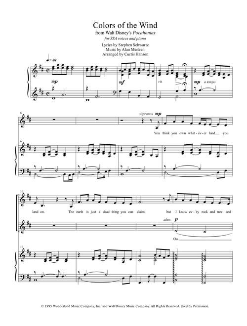 Colors Of The Wind (Arr. Curtis Hanson) - Vanessa Williams (Choral, SSA)