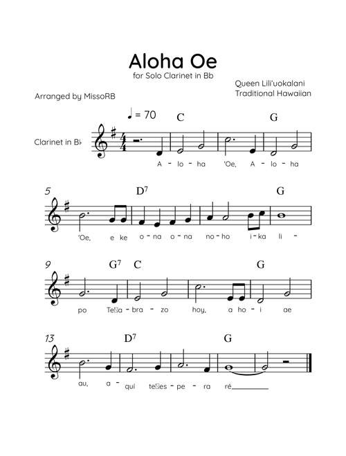 Aloha Oe - Solo Clarinet in Bb in F Major Easy With Lyrics & Chords (Arr. MissoRB) - Queen Liliʻuokalani (Clarinet Solo)