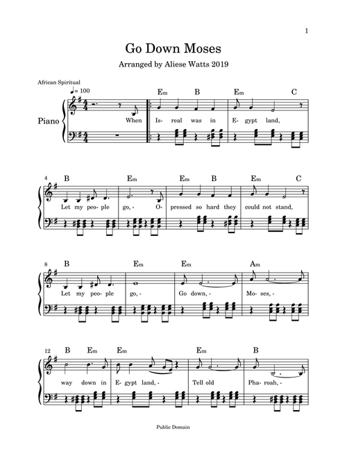 Go Down Moses (Arr. Aliese Watts) (Piano-Vocal-Guitar)