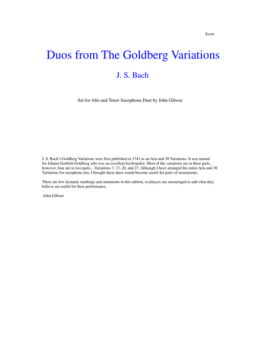 J. S. Bach Duos from The Goldberg Variations set for Alto and Tenor Saxophone (Arr. John Gibson) - J S Bach (Saxophone Duet)