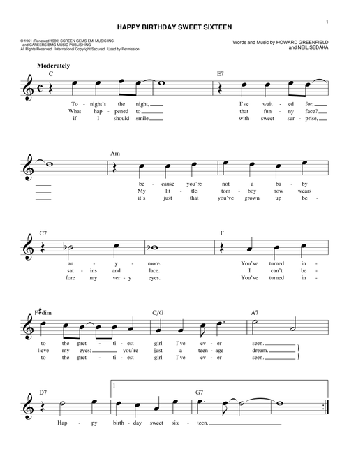 Happy Birthday Sweet Sixteen - Neil Sedaka (Easy Lead Sheet - Fake Book)