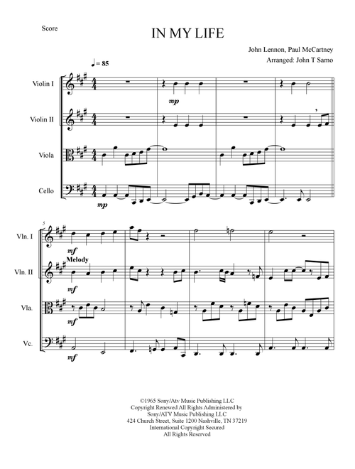 In My Life (Arr. Arranged John T Sarno) - The Beatles (String Quartet)
