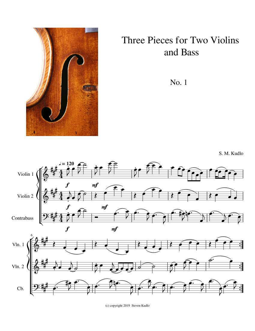 Three Pieces for Two Violins and Bass; No. 1 Sheet Music for Contrabass ...